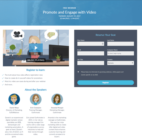 Example of a webinar registration page with a video teaser