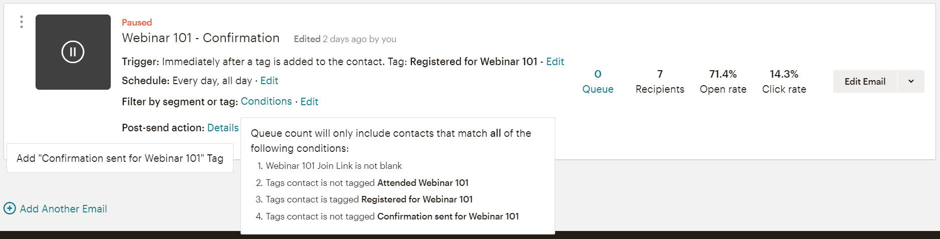 Conditions under which the webinar confirmation is sent