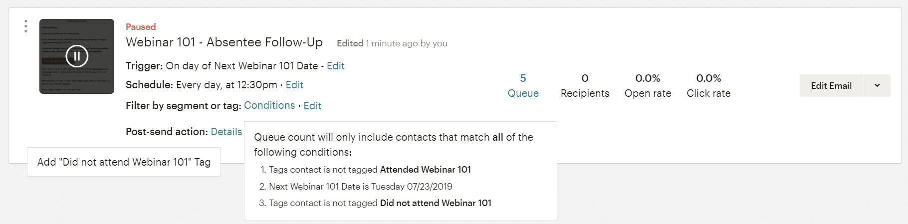 Conditions for sending a Webinar Follow-up for Absentees with MailChimp