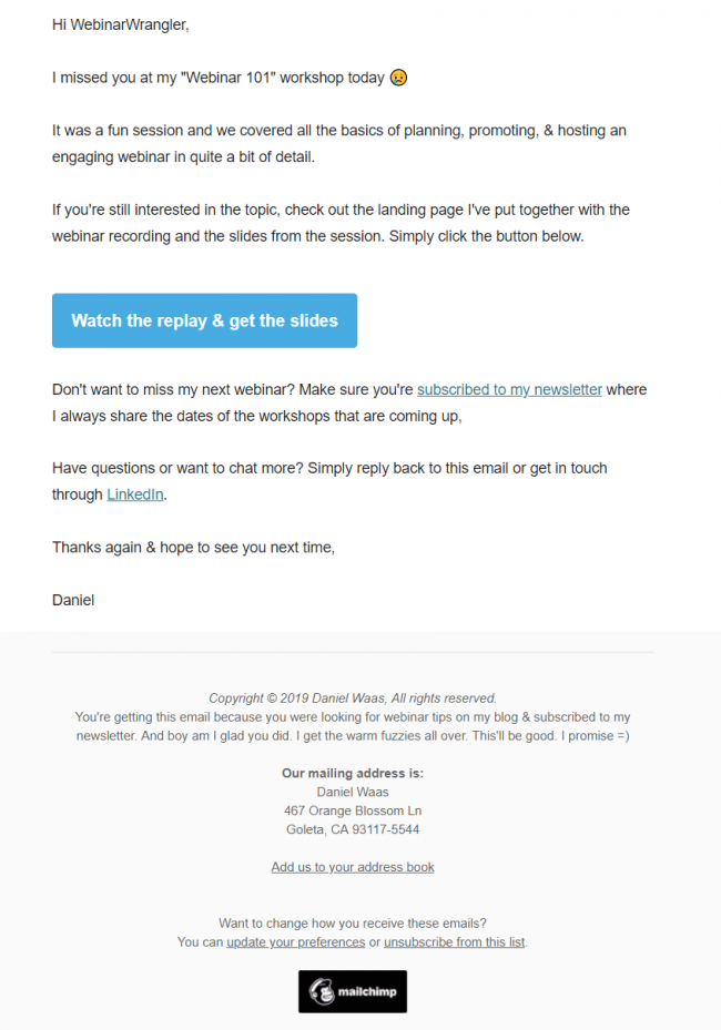 MailChimp Absentee Follow-up Email